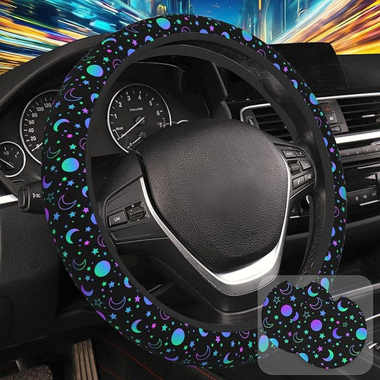 Colorful Star Moon Sun Steering Wheel Cover for Women, Anti-Slip Car Steering Wheel Cover with 2 Pcs Cup Holders Neoprene Breathable Car Accessories Universal 15 Inch Auto Interior Decor