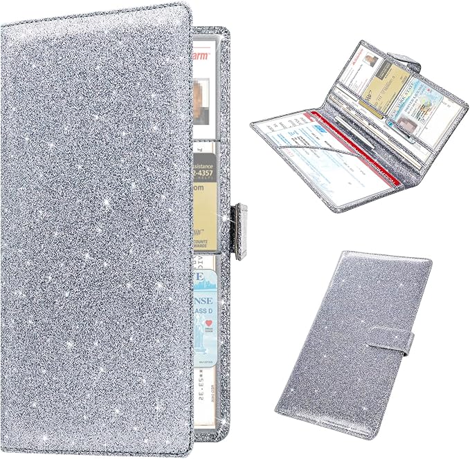 RSAquar Car Registration & Insurance Holder - Leather Glove Box Organizer, Cool Accessories for ID, Driver's License Cards & Essential Documents, Men & Women, Glitter Gray
