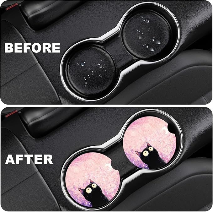 2 Pack Car Cup Holder Coaster, 2.63 inch Anti Slip Insert Absorbent Ceramic Car Coaster with Cork Base and Finger Notch, Cute Car Accessories Interior for Women, Cute Car Coasters.