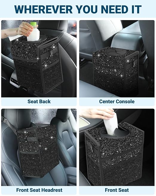 Capolo Car Trash Can with Lid, Leakproof Car Trash Bag Hanging Waterproof Automotive Garbage Can with Storage Pockets Mini Vehicle Trash Bin for Back/Front Seat(Sparkly Black,2.5 Gallon)