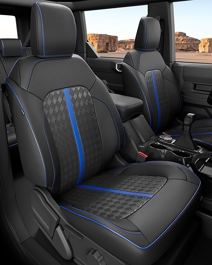 Custom Fit Leather Seat Covers for 2021-2026 Ford Bronco 4 Door | OEM fit, premium waterproof leather, full coverage, anti-slip, storage pockets, long-term durability, airbag compatible