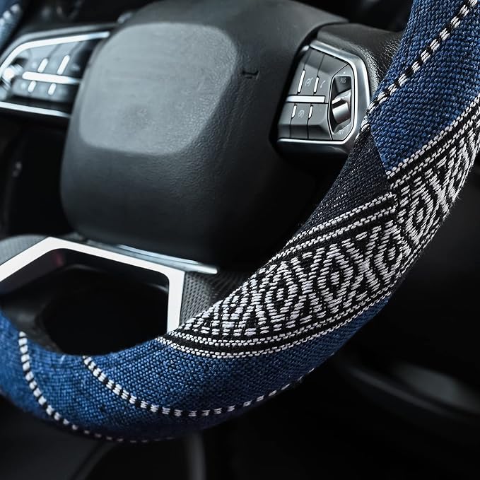 Valleycomfy Boho Steering Wheel Covers for Women Cloth Bohemian Universal | 15 inch Baja Blanket Enthic Blue