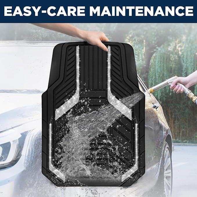 PIC AUTO Car Floor Mats, Silver Sparkly Crystal Bling Glitter Car Mats Set, Front and Rear Heavy Duty Rubber Car Mats with Anti-Slip Backing, All Weather, Trim-to-Fit for SUVs, Trucks, Sedan, Vans