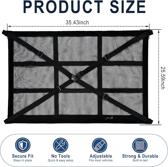 Car Ceiling Cargo Net, 35.4"x25.6" Double-Layer Overhead Roof Storage Organizer for SUV Truck Van, Camping Storage Mesh Net for Travel Road Trips, Van Life Essentials