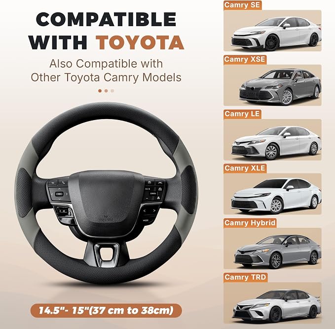 West Llama Customized Auto Car Steering Wheel Cover for Toyota Camry 2006-2025 2026 SE XSE Hybrid LE XLE 2006-2026, Microfiber Leather, 14.5-15inch, Black + Gray