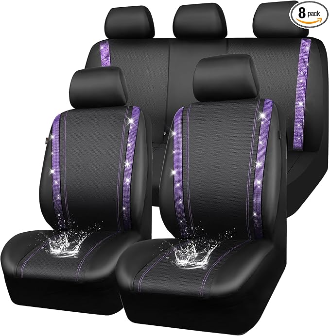 CAR PASS Bling Diamond Car Seat Covers Full Set,Shining Rhinestone Waterproof Faux Leather,Rear with Zipper,Universal Fit Automotive Glitter Crystal Sparkle Strips for Women,Violet Purple Rhinestone