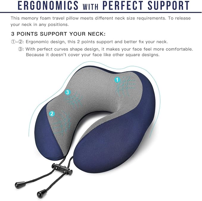 MLVOC Neck Pillow for Traveling, Upgraded 100% Pure Memory Foam Travel Neck Pillow for Airplane Flight Sleep, Breathable & Machine Washable Cover, Travel Kit with 3D Eye Mask, Earplugs & Bag, Blue | memor foam