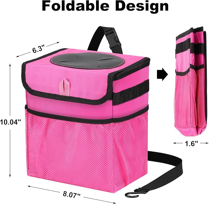 Car Trash Can Foldable Garbage Bin Leakproof 2.3 Gallons Car Trash Bag Pink