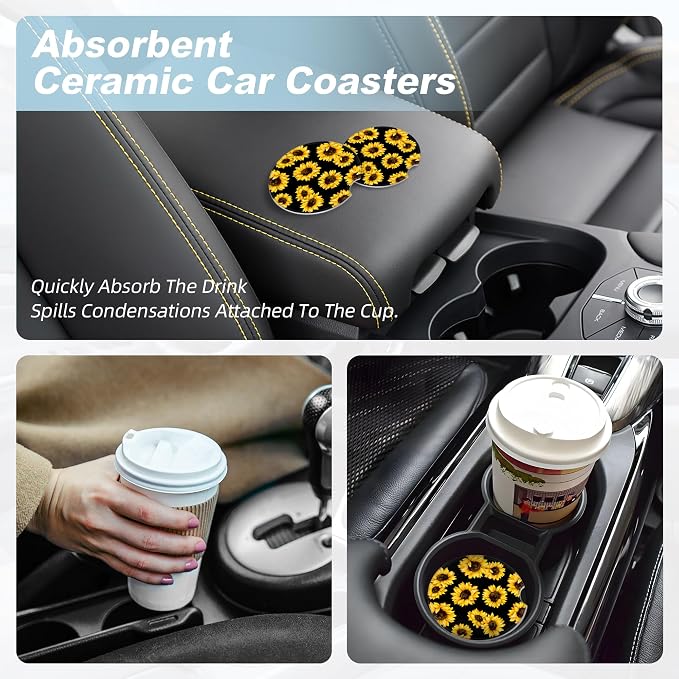 Sunflower Car Coasters for Cup Holders,2 Pack Car Cup Holder Coasters for Car,Ceramic Absorbent Car Coaster with A Finger Notch and Cork Base,Car Interior Accessories for Women Men
