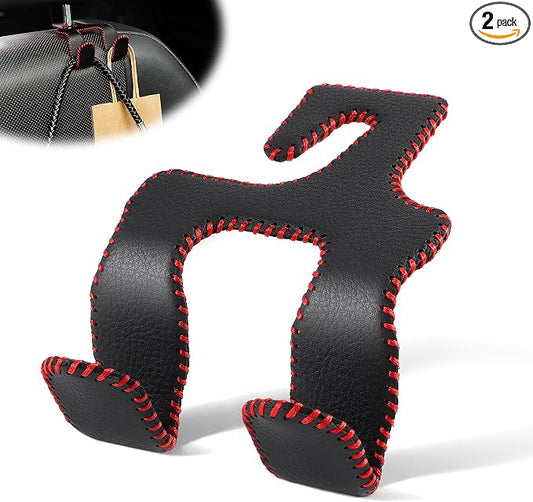 LivTee Upgraded Superior Leather Car Seat Back Headrest Hook, 2 in 1 Auto Seat Hook Hangers Holder Organization Interior Accessories for Purses Coats Umbrellas Grocery Bags Handbag (Black/Red)