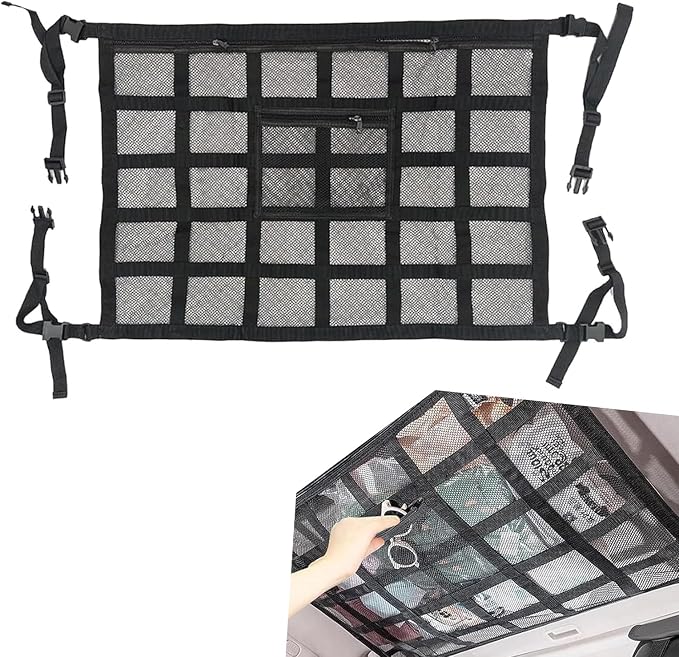 Car Ceiling Cargo Net Pocket, Black, Universal Heavy Duty Automotive Roof Storage Accessories for Truck SUV Car with Buckle Fasteners, Polyester Mesh, 31.49In x 21.25In