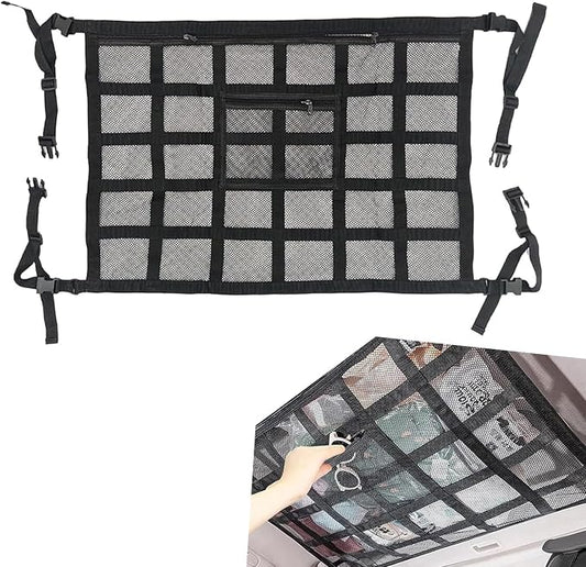 Car Ceiling Cargo Net Pocket, Black, Universal Heavy Duty Automotive Roof Storage Accessories for Truck SUV Car with Buckle Fasteners, Polyester Mesh, 31.49In x 21.25In