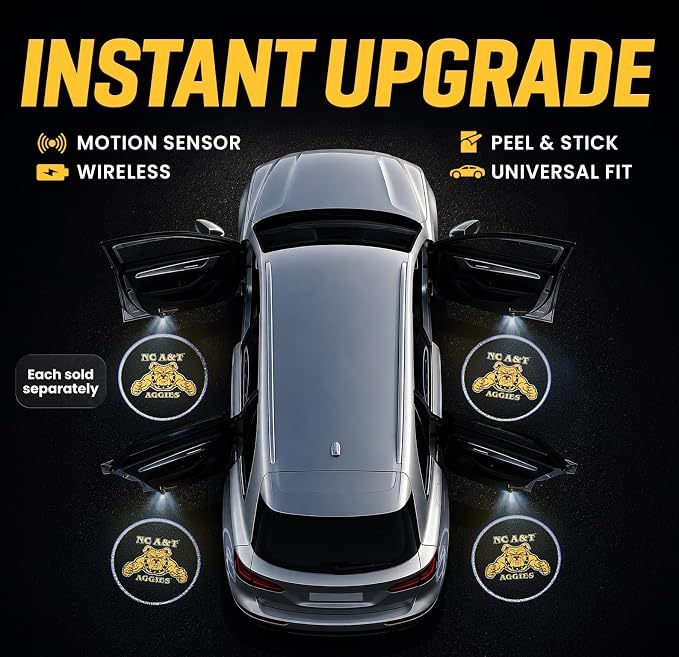 Sporticulture American Football NC A&T Car Door Lights Logo Shadow Display - Officially Licensed NCAA Car Accessories - Show Your Team Pride - Battery Powered, Universal Fit