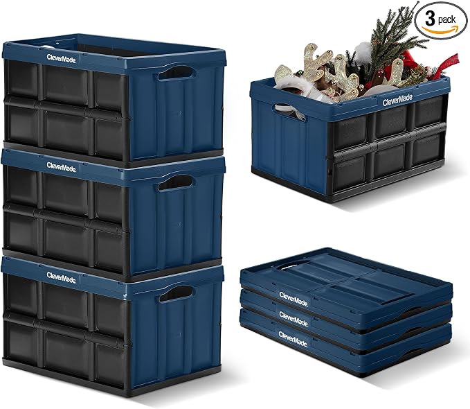 CleverMade Collapsible Plastic Storage Bins, 46L 3 Pack, Stacking, Ocean | Built-in handles simplify garage, car and household organization, while the roomy open-top keeps bulky supplies accessible