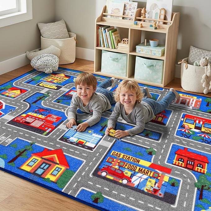 Kids Carpet Playmat Rug 110.2"x78.7", Car Rug for Kids Cars, Non-Slip Town City Road Map Kids Rugs for Playroom Bedroom Boys, Cars Play Mat Track Road Rugs for Kid (Blue, 110.2X78.7 INCH)