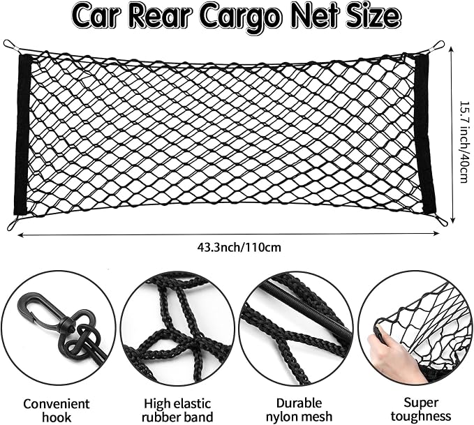 Tallew 2 Pcs Car Rear Cargo Net, Adjustable Elastic Mesh Cargo Net, 3 Pocket Heavy Duty Trunk Bed Storage Organizer, Universal for Car SUV Vehicle Pickup Truck with Accessories(43.3 x 15.7 Inches)