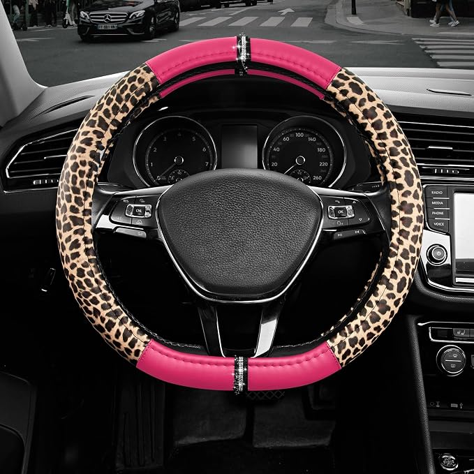 Road Comforts Leopard Steering Wheel Cover for Women, Cute Anti-Slip Microfiber Leather, Fits D Shape Flat Bottom Steering Wheel 14.5-15 Inch - HotPink