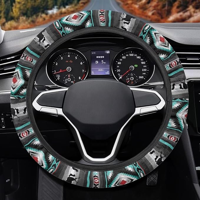Wanyint Car Steering Wheel Cover, 15 Inch Soft Breathable Steering Wheel Protector for Women Men, Universal Fit for SUV Sedan Van Truck, Aztec Geometric Horse Gray Teal