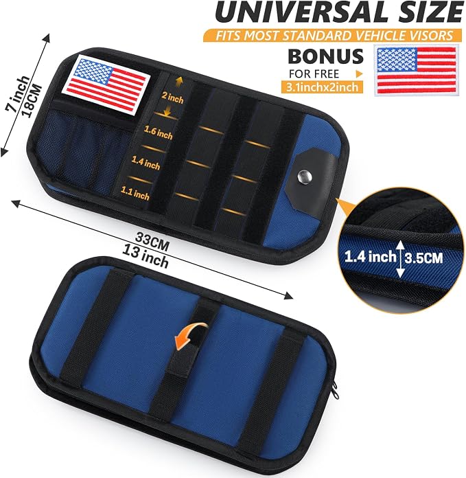 GNEGNI Tactical Car Sun Visor Organizer - Rigid MOLLE Panel Vehicle Storage Pouch with 3 Straps - Car Interior Document and Tool Holder for Truck, SUV, Jeep (13" x 7") (Blue)