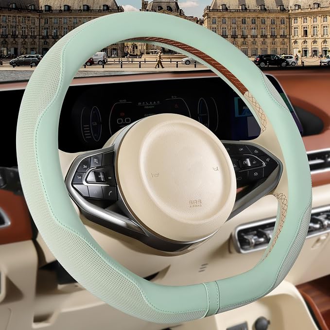 Nappa Leather Green D Shaped Steering Wheel Cover 15 inch | Non-Slip Breathable Microfiber Leather Ice Silk Fabric, Warm in Winter and Cool in Summer Universal 14.5 inch to 15 inch