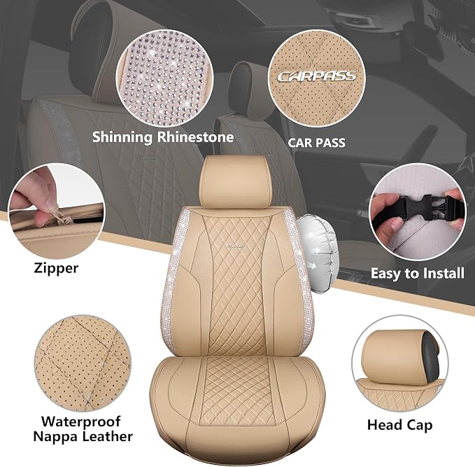 CAR PASS Beige Leather Bling Car Seat Covers Full Set, Luxury Microfiber Nappa PU Cushioned, Waterproof Anti-Slip Universal Fit for Auto SUV Sedan Sparkly Glitter Shining Rhinestone, Beige Diamond