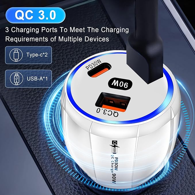 Amiss Car Charger Adapter, 3 Port USB-C & USB-A 90W Fast Charger, Car Interior Accessories, Essential Travel Gifts for Men and Women, Fit for iPhone 17/16/15/14/13Pro Max, Samsung, Android (White 1pc)