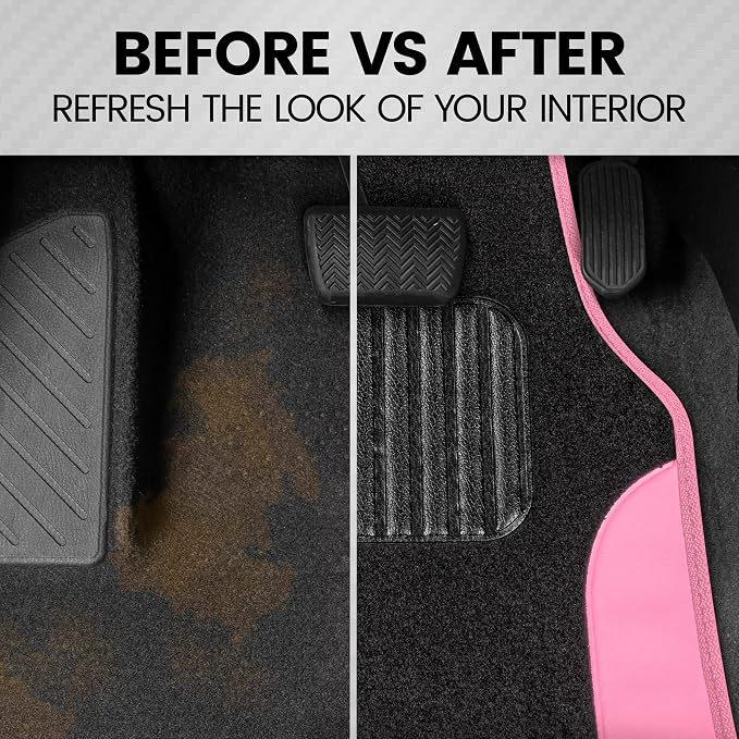 BDK Carpet Floor Mats for Cars, Two-Tone Carpet Car Mat with Faux Leather Accents, Automotive Floor Mat Sets with Built-in Heel Pad, Stylish Interior Car Accessories Pink