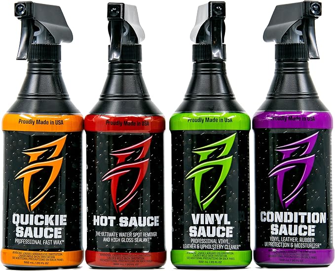 Bling Sauce Boat Essentials Cleaning & Detailing Kit, 4-Pack, 20 oz Each | Four marine care sprays tackle hard water spots, vinyl, interiors and fast wax shine in one compact detailing bundle