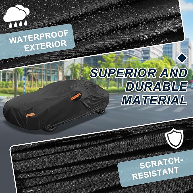 Black Heavy Duty Waterproof Car Cover for Sedan 179"-185" - All-Weather UV Protected Outdoor Full Exterior Cover with Sun/Snow/Rain Resistance