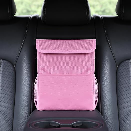 AOKJOY Car Garbage can with lid Leak Proof Vehicle Trash Can 3 Storage Pockets Hanging Waterproof car Trash Bag for SUV Pink
