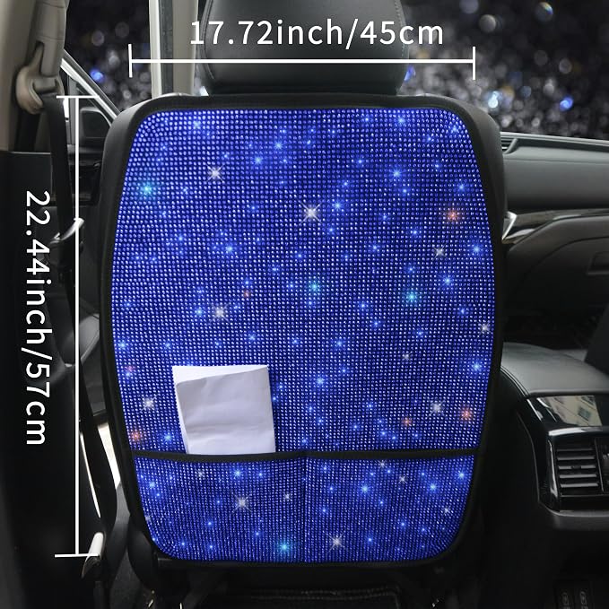 Sparkling Diamond Car Seat Kick Protectors with Storage, Crystal Kick Mats for Car Seats with Bling Rhinestones, Universal Fit Luxury Auto Accessories for Women Girls and Ladies Blue 2pcs