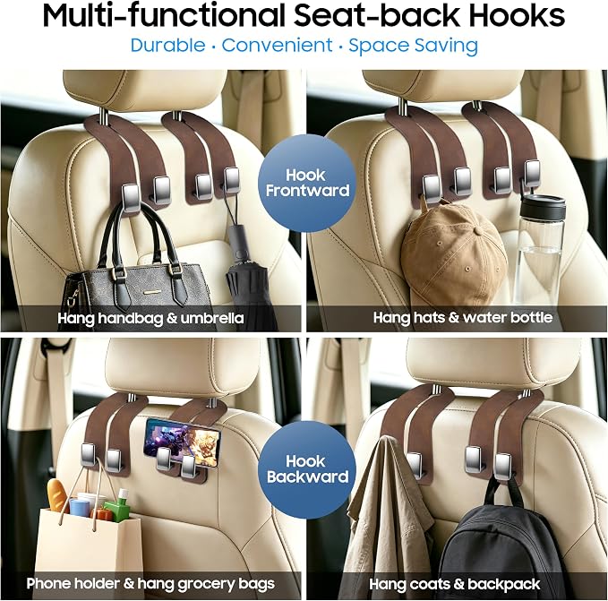 Amooca Car Headrest Hooks, Premium Suede with Metal Car Seat Back Storage Hooks for Handbag Coats Umbrella Backpack - 2 Pack, Brown