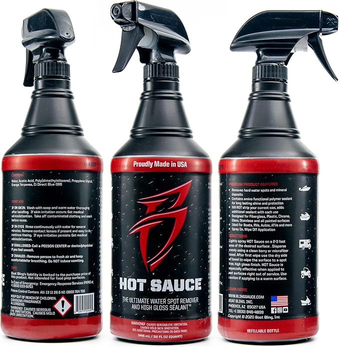 Bling Sauce Hot Sauce Hard Water Spot Remover with Wax Sealants, 32 oz | Hard water spot remover cleans without stripping wax, adds glossy sealants and works on boats, RVs, autos and glass