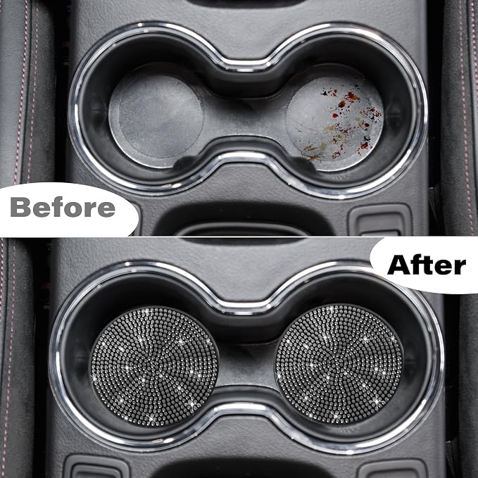 BFXM 2 PCS Bling Cup Holder Coaster, Car Accessories for Women 2.75 inch Diamond Universal Non-Slip Silicone Cup Holder Coasters, Sparkly Bling (Black)