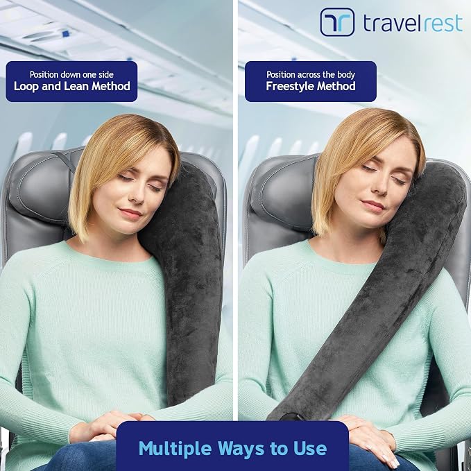 travelrest All-in-One Travel Neck Support & Body Pillow - Airplane Pillow for Long Flight Comfort, Travel Essentials, Sleeping Accessories, Memory Foam, Headrest Support Seat for Car (Grey)
