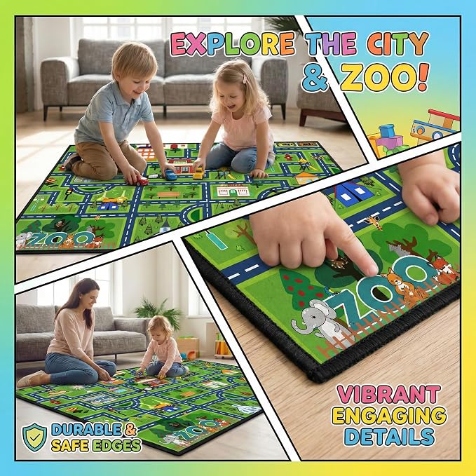 Kids Car Rug Play Mat 4.5x6 Feet City Life Road Traffic Track Carpet for Boys Bedroom Playroom Non Slip Floor Area Rugs for Toy Cars Toddlers Educational Learning Game Mat