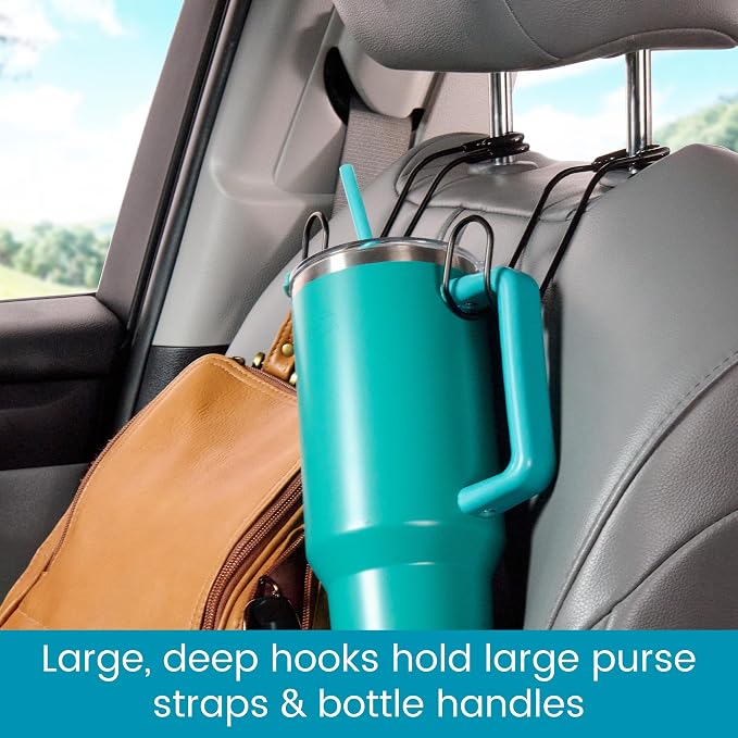 Metal Car Hooks for Purses and Bags - Large Hooks Won't Slip Off or Rattle | Set of 2 High Road Car Headrest Hooks Fit All Sized Metal Posts - Holds Multiple Bags, Wide Straps and Hard Hats