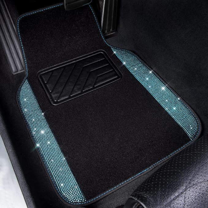 CAR PASS Bling Rhinestones Diamond Waterproof Car Floor Mat, Crystal Sparkly Shining Glitter Carpet, Anti-Slip PVC Heel Pad Universal for Interior Auto SUV,Sedan,Van,4pcs Girly Women Mint Teal Diamond