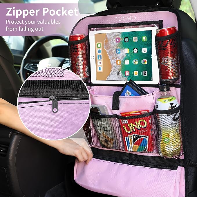 LUCMO Car Backseat Organizer with Touch Screen Tablet Holder, Pink | 2 Pcs,9 Storage Pockets,Clear Tablet Holder,Protectors Kick Mats,Travel Accessories,Seat Cover,Road Trip Essentials