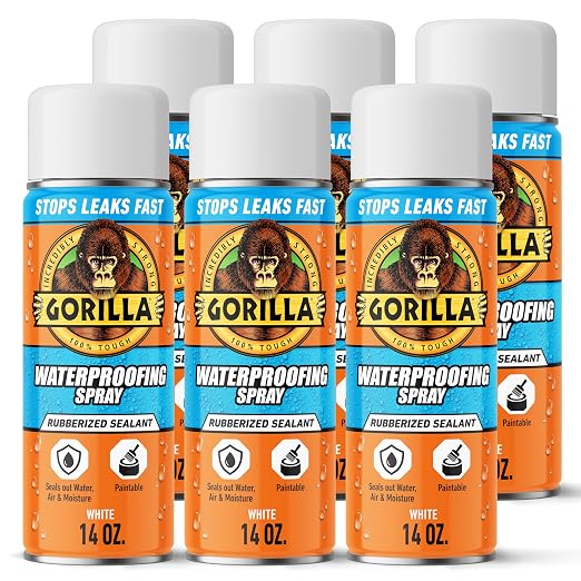 Gorilla Waterproofing Spray White, Flexible Rubberized Sealant Coating, Paintable UV Resistant, Seals Water Air Moisture, 16 oz (Pack of 6), for Roofs Gutters Skylights RVs Windows & More