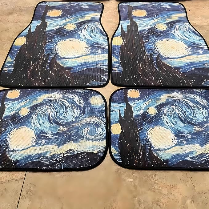 Universal Fit Car Floor Mats Set of 4Pcs, Retro Starry Night Pattern All-Weather Front Rear Car Carpet Mats, Non-Slip Car Floor Mat Car Accessories for Automotive Trucks SUV Sedans Vans