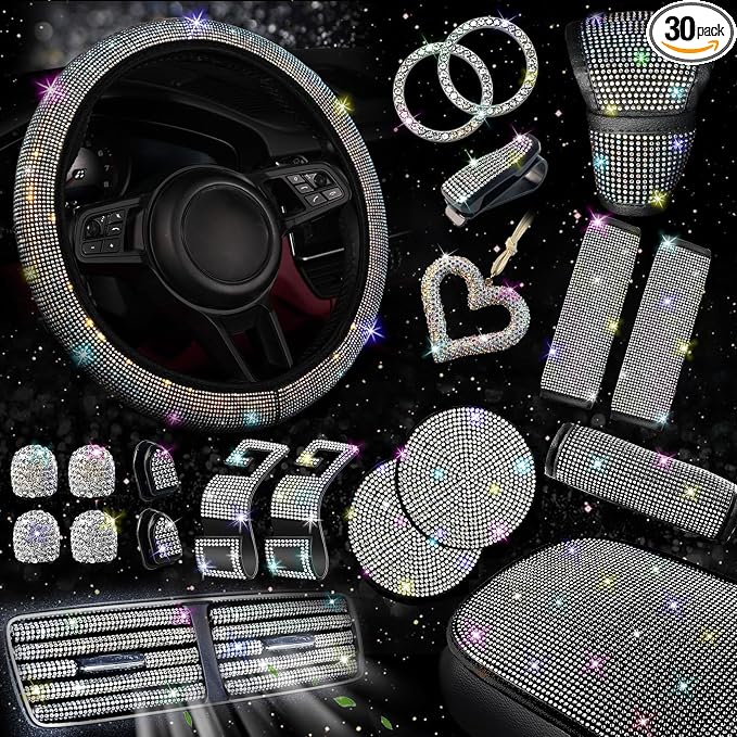 NBTEPEM 30 Pcs Multicolor Bling Car Accessories Set for Women, Steering Wheel Cover Set, Bling Console Cover, Seat Belt Cushion, Shift Knob Cushion, Cup Coaster, Rhinestone Car Hanging Accessories