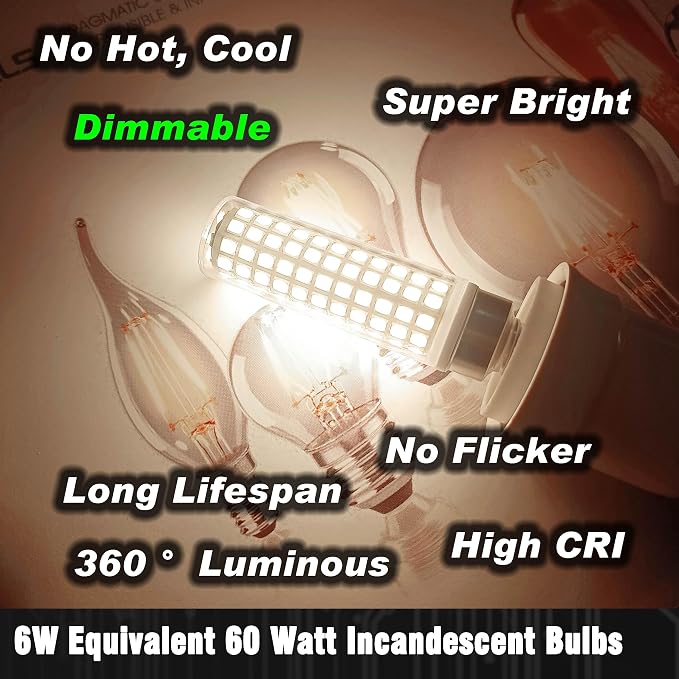 6W Dimmable E12 Ceiling Fan Bulb Natural White 4000K Candelabra Base,4 Pack | AC120V, Equivalent 60W, T6 C7 Candle Small Base for Desk lamp Outdoor Wall Sconce Chandelier Pendant Vanity Lighting, 600lm
