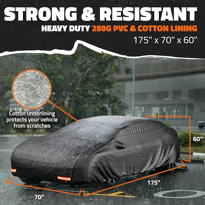 Mockins 175"x70"x60" XS Sedan Car Cover Waterproof All Weather Protector | Heavy Duty 250G PVC & Cotton Lined Car Covers for Automobiles | Windproof Full Exterior Covers w/ Buckle Strap & Reflectors