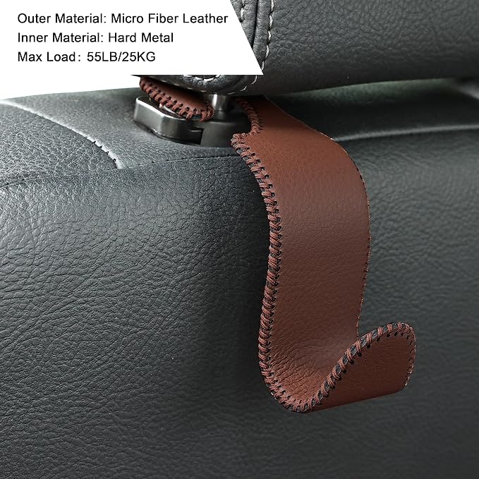 Amooca Car Seat Headrest Hook 4 Pack Metal Core Hanger Universal Car Storage Organizer for Handbag Purse Coat S Type Leather Brown