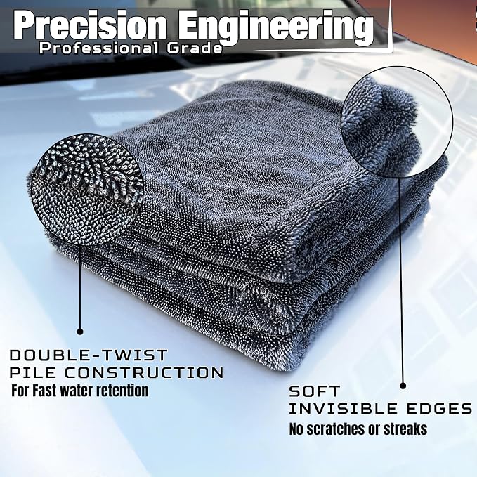 Extra Large Car Drying Towel 40"x24", 1300 GSM Car Towel, Gray | XL Professional Drying Towels Car Detailing with Double Twisted Loop, Super Absorbent Microfiber Drying Towels for Cars