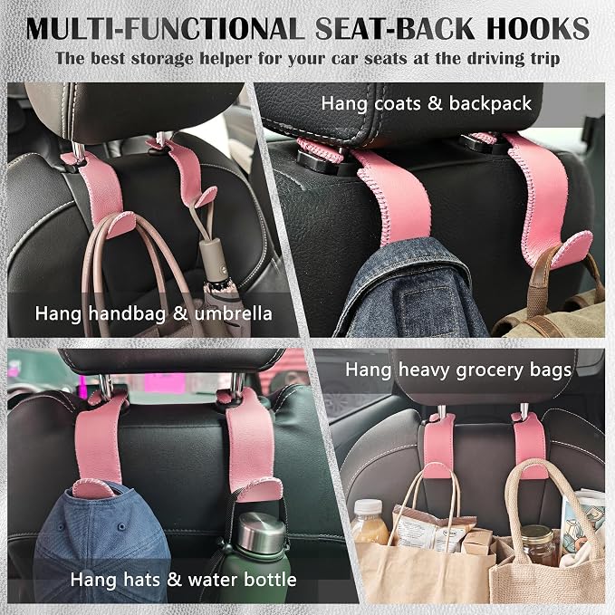 Amooca Car Seat Headrest Hook Universal Vehicle Storage Hanger Leather with Metal Car Seat Back Organizer for Handbag Purse Coat Pink 2 Pack