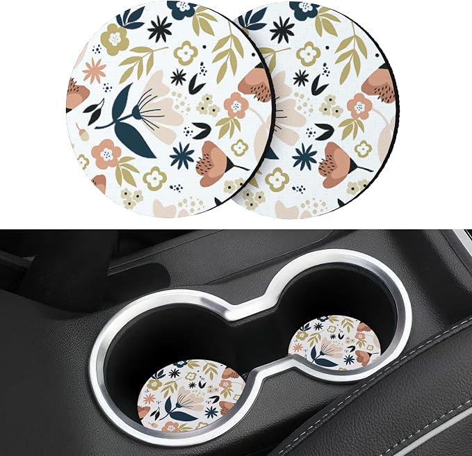 Car Coasters for Drinks Absorbent，Cute Car Accessories for Women and Lady，2 Pack 2.95inch Car Cup Holder Coasters，Universal Non Slip Cup Holder Insert Coaster (White Flower)