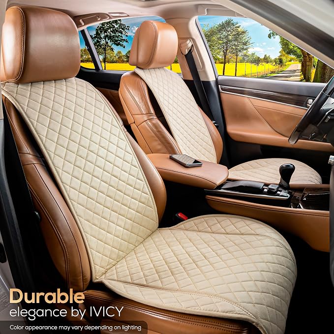 IVICY Faux Suede Front Car Seat Cover – Non-Slip Bucket Seat Protector for Most Cars, SUVs, Vans & Trucks – 1 Seat Cover, Machine Washable, Side-Airbag Friendly, Light Beige