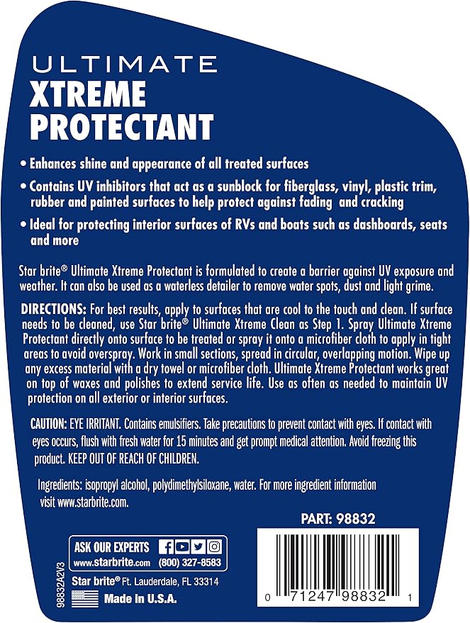 STAR BRITE Ultimate Xtreme Protectant - Superior UV Protection for Fiberglass, Vinyl, Plastic, Rubber, and Leather - Non-Greasy, Anti-Static Finish - 32 OZ (098832) | Non-greasy anti-static finish for fiberglass, vinyl, plastic, rubber and leather, rem...